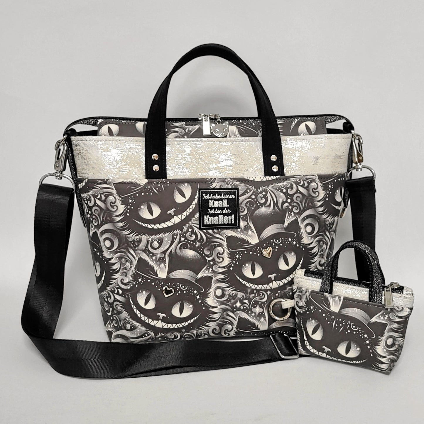 Tasche MoreBag GRINSEKATZE aus Kunstleder NACHTLEUCHTEND + Minitasche